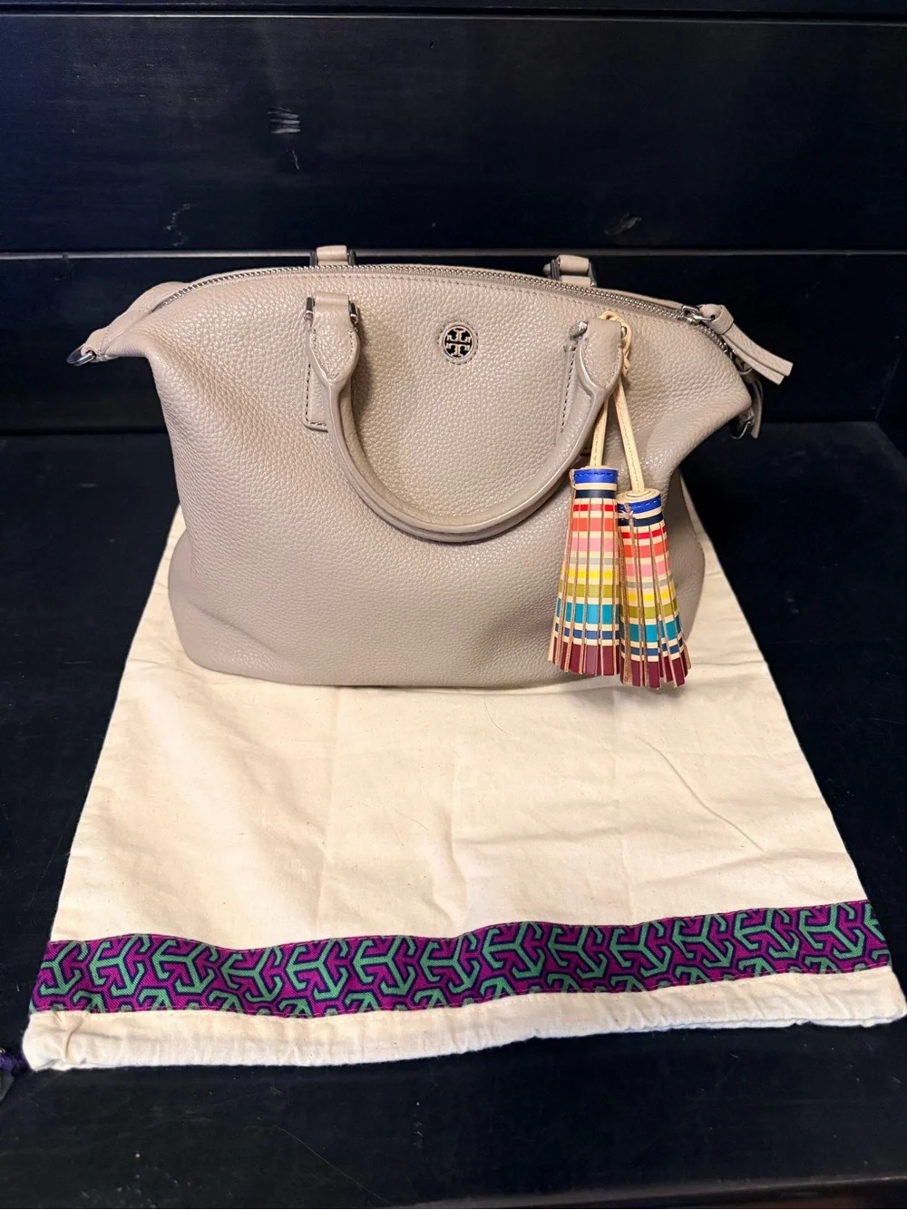 Tory Burch Taupe Pebbled Leather Satchel with Multicolor Tassel